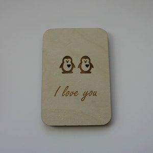 Ik hou van je Pinguïns gegraveerde houten kaart 5th Anniversary Wood Gift