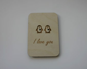 I love you Penguins Engraved Wooden Card 5th Anniversary Wood Gift