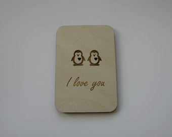 Je t’aime Pingouins Carte en bois gravée 5e anniversaire Cadeau en bois
