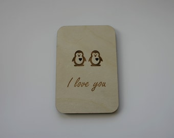 I love you Penguins Engraved Wooden Card 5th Anniversary Wood Gift