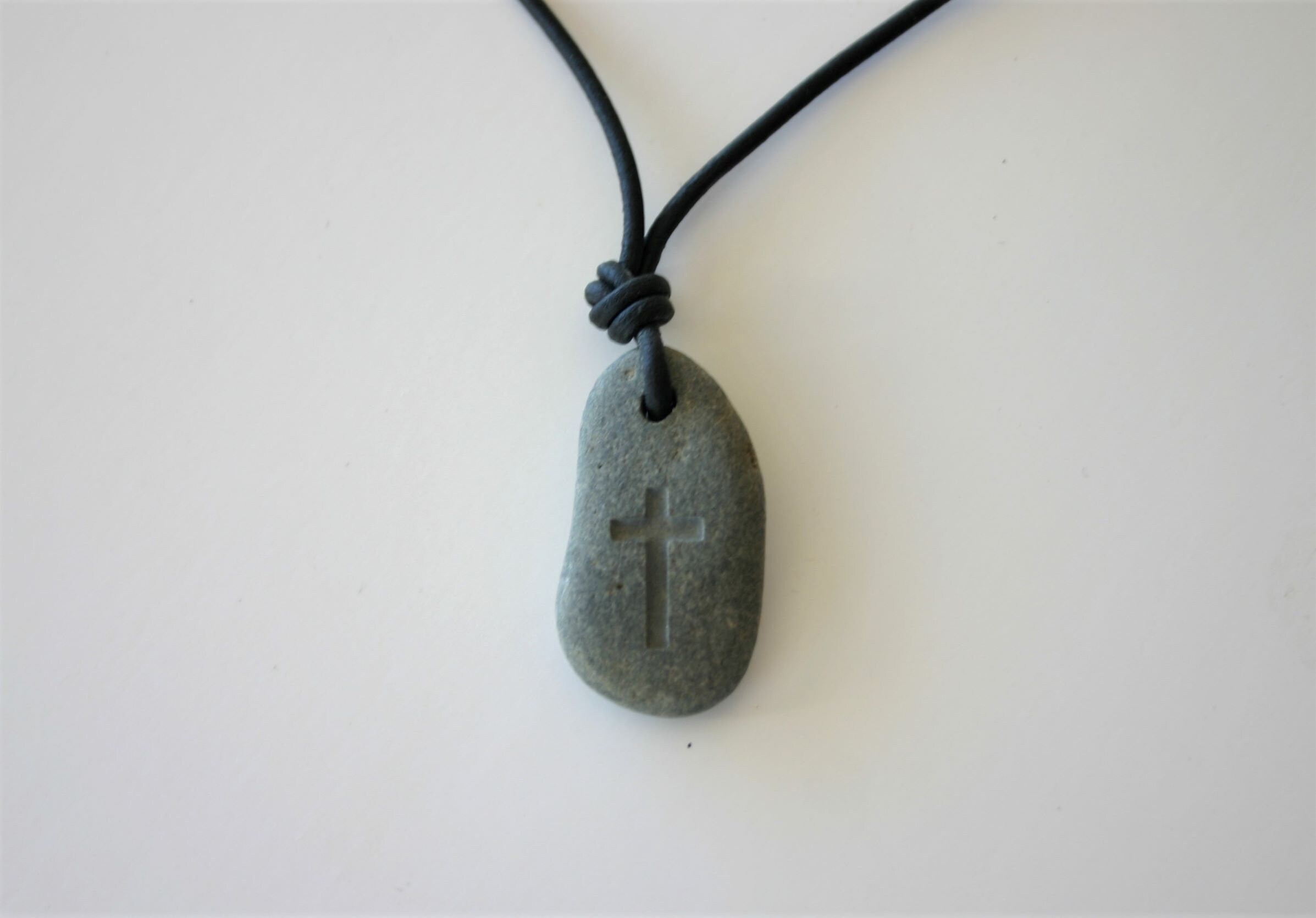 Cross Engraved Stone Necklace Prayer 