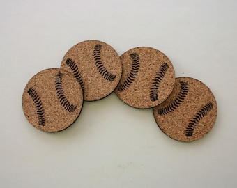 Baseball Cork Coasters Set of 4 Bike Coasters Etched Cork Sports Bar Coasters