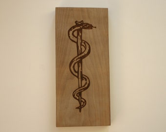 Staff of Asclepius Walnut Wood Sign Engraved Wood Plaque Medical Wall Art