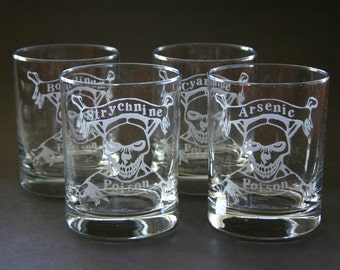 Etched Rocks Glass Poison Low Ball Weddings Old Fahsioned Skull Crossbones