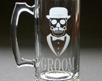 Etched Beer Mug Groom Tuxedo Top Hat Skeleton Weddings Skull