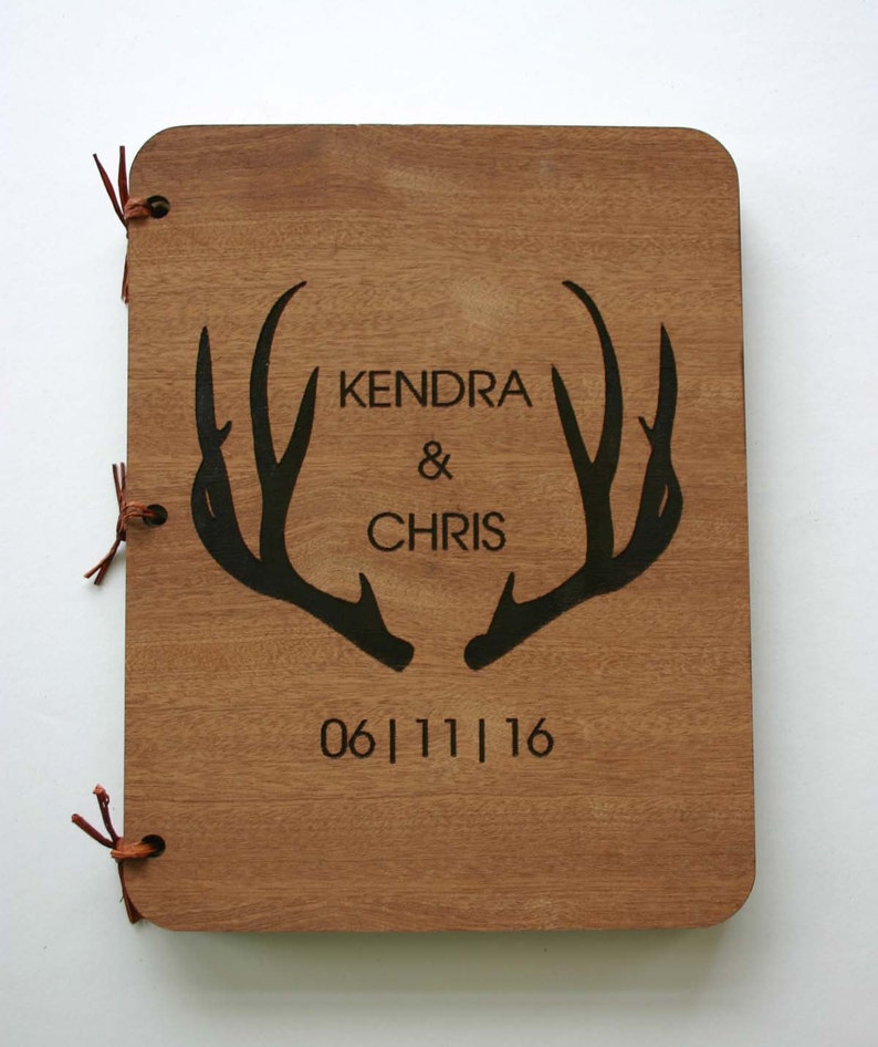 Personalized Antlers Wedding Guest Book Engraved Wooden Book Etsy