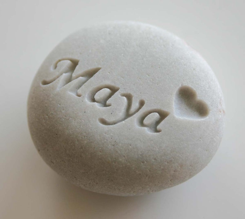 Custom Engraved Name Stone White Light Grey Heart Rock Weddings Memorial Pet Loss Personalized image 2