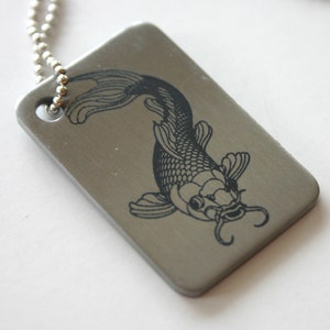Koi Fish Engraved Stainless Steel Pendant with Ball Chain Laser Engraved Dog Tag