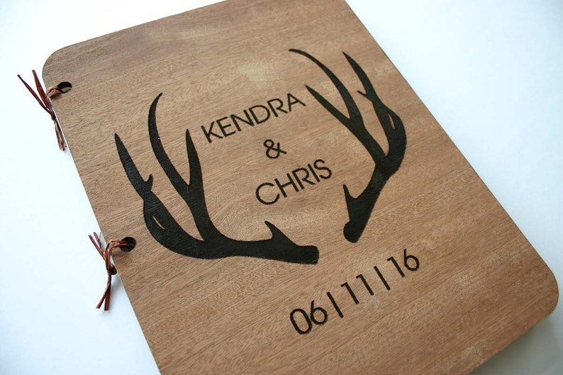 Personalized Antlers Wedding Guest Book Engraved Wooden Book Etsy