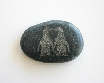 Penguins Etched Stone River Rock Paperweight Penguins Inspirational Stone Wedding Gift