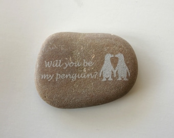 Will you be my penguin? Penguins Etched Brown Stone River Rock Worry Stone Wedding Proposal Gift