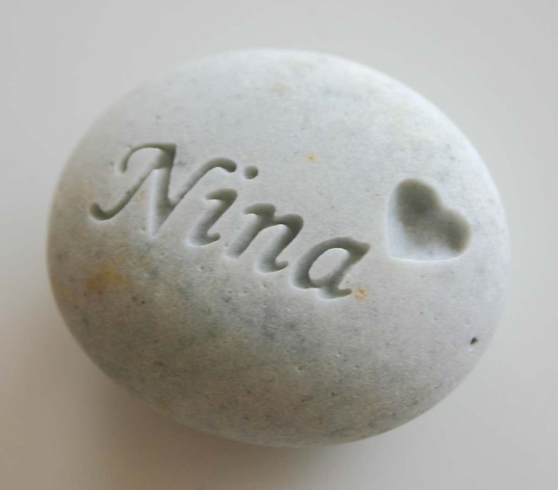 Custom Engraved Name Stone White Light Grey Heart Rock Weddings Memorial Pet Loss Personalized image 3