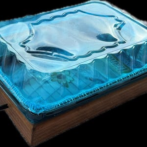 May include: A clear, blue plastic food container with a decorative lid sits atop a wooden tray with a black handle. The container has a floral design visible through the transparent plastic.