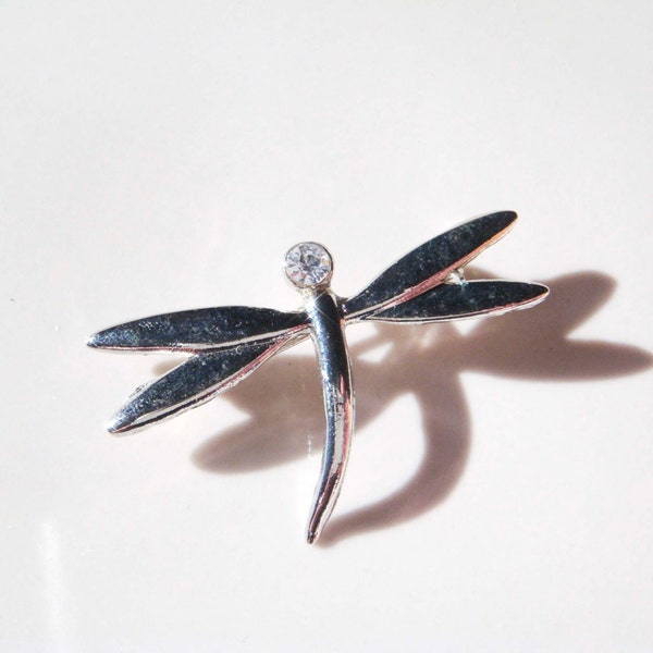 Vintage Silver Dragonfly Pin Brooch Rhinestone