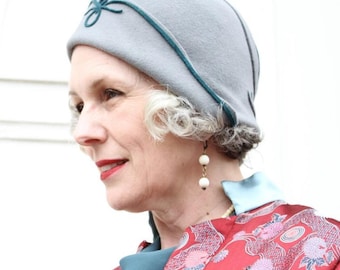 1920s Vintage style Gray Green Felt Cloche Flapper Hat handmade by Cloche Call Designs