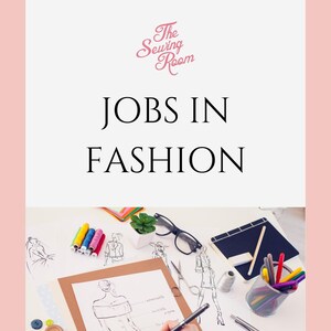 May include: A hand draws a fashion design on a white sheet of paper. The design includes a dress with a neckline, sleeves, and a skirt. The paper is surrounded by other fashion sketches, sewing supplies, and a pair of glasses. The text "The Sewing Room Alameda.com/fashion-studies" is at the bottom of the image.