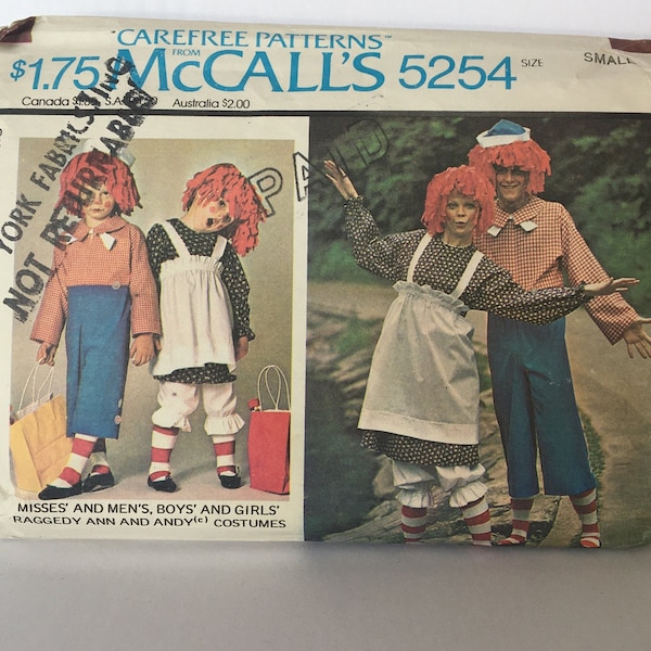 70s Raggedy Ann y Andy Costume McCalls 5254 Patrón para adultos, Tamaño pequeño, Fábrica Plegable Vintage Patrones de costura