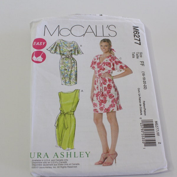 McCall's M6277, Laura Ashley Design, Misses Lined Dresses and belt, Sleeveless Sheath Dress and flounced sleeve dress Misses Size 16-22