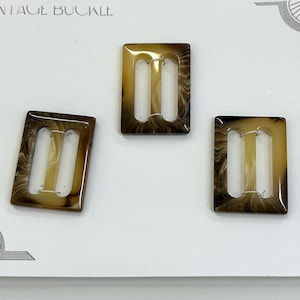 Lot of 3 Brown Tan Tortoise Art Deco Celluloid Early Plastic Rectangle Slide Belt Buckles, Vintage 20s 30s 40s, 1&quot; x 1 3/8&quot;