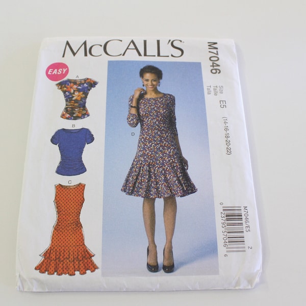 McCall's M7046 knit top or dress sewing pattern, knit dress or top with side ruching sewing pattern, Size E5 sz 14-22 Bust 36"- 44"