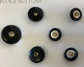 Set of 6 Vintage Black Plastic Shank buttons with deep lip and Clear Rhinestones,  40s, 50s, or 60s buttons, sizes 5/8" 3/4" 7/8"