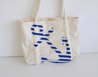 OOAK Blue & Natural Nautical tote bag with Rope handles, 16 1/2" x 13"