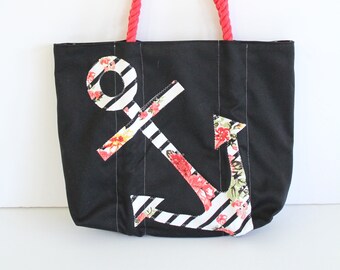 OOAK Black & Red Nautical tote bag with Rope handles, 16" x 13"