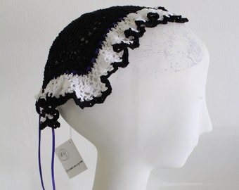 Victorian Ladies Black / White Crochet Mourning Cap, Blue Ribbon, Hand Made  byDianne Lanning Original