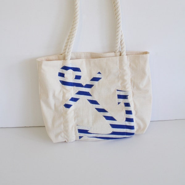 OOAK Blue & Natural Nautical tote bag, Natural White Tote bag, Nautical Tote bag with rope straps, Nautical Anchor Tote Bag, striped anchor