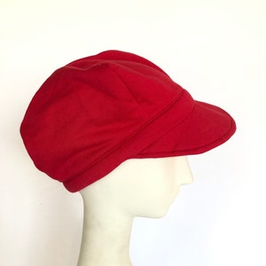 OOAK Handmade Red Fleece Knit Casual Hat Cap with Visor Brim in front, Crushable hat, Young Teens hat 21&quot; around