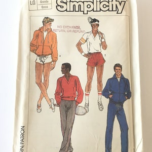 May include: Simplicity sewing pattern number 7673 for men's sportswear. The pattern includes instructions for making a jacket, shorts, and pants. The pattern is for sizes large.