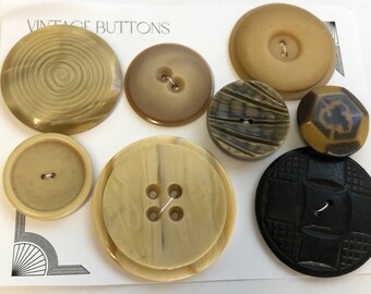 Vintage Assortment of Beige Brown Plastic Buttons, Set of 9