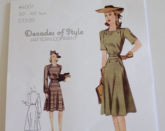 1940's New England Dress paper Sewing Pattern, Decades of Style #4007, 9 sizes