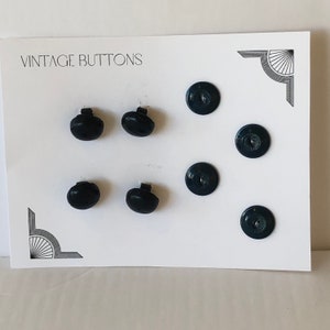 2 sets of small Vintage black plastic buttons, 4 shank buttons, 4 two hole buttons, 5/8&quot; diameter round buttons