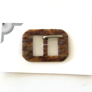 Vintage 20s 30s Carved Art Deco Checkerboard on Brown Mottled Bakelite Plastic Buckle with metal center bar, 2&quot; wide x 1.5&quot; tall