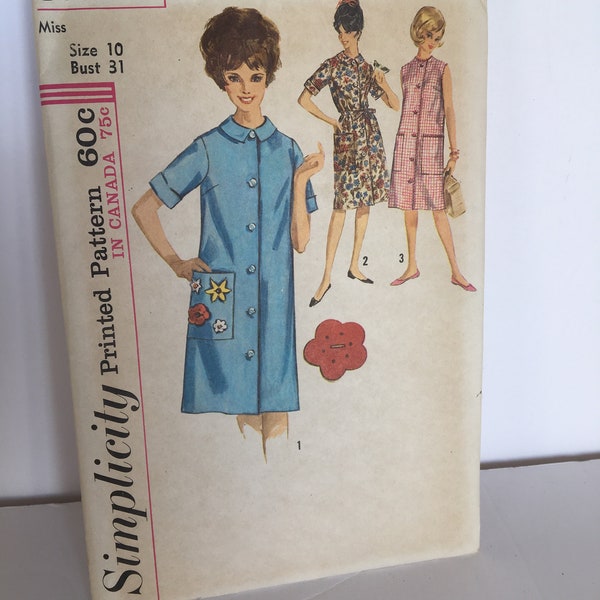 Vintage Simplicity Pattern, Simplicity 5251 Duster Pattern, Miss Size 10, Bust 31, Women's One-Piece Dress, 1960's Pattern, 60's Simplicity