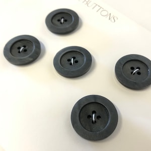 5 Vintage Dark Gray Plastic Medium size buttons, all are matching four hole buttons from the 40s 50s 60, 7/8&quot; diameter