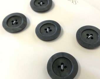 5 Vintage Dark Gray Plastic Medium size buttons, all are matching four hole buttons from the 40s 50s 60, 7/8" diameter