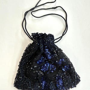 Beaded & Sequined drawstring Evening Pouch made from Vintage fabrics