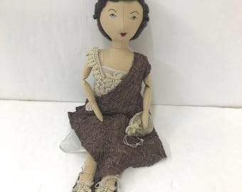 OOAK Handmade 20" 1920s Style Flapper Fabric Rag Doll with movable limbs