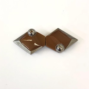 Vintage 20s 30s Carved Art Deco Tan Celluloid Plastic Buckle with metal center bar, 2.5&quot; wide x 1.25&quot; tall, Brown with silver and half balls