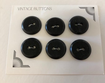 6 Vintage Black Plastic Matching Large size Beveled edge two hole buttons from the 40s 50s 60, 1 1/4" diameter, sewing buttons