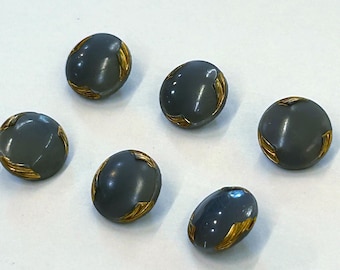 Antique Lot of 6 Gray and Gold Glass Embossed Sewing Buttons, Victorian Era, 5/8" (16mm)