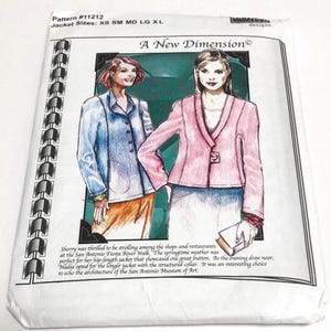 May include: A sewing pattern envelope titled A New Dimension featuring illustrations of two jackets in blue and pink. The text includes Pattern #11212 and Jacket Sizes: XS SM MD LG XL. The illustration shows one hip-length jacket and one longer jacket.