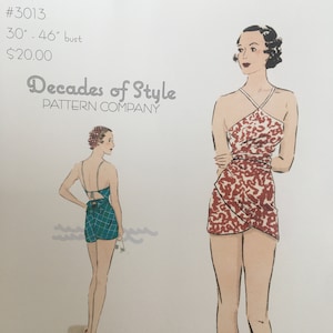 May include: Vintage sewing pattern for a swimsuit with a halter top and a skirt. The pattern is for a bust size of 30 to 46 inches. The pattern is from the "Decades of Style Pattern Company" and costs $20.00.