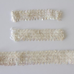 3 pieces of Vintage White Rainbow Stretch Sequins Sewing Trim, two are 6&quot;, one is 10&quot;, Costume sewing