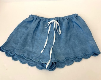 Drawstring Shorts Indigo Dyed from Cotton Damask Tablecloth, 30" waist, MED