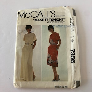 McCall&#39;s Dress Pattern 7356, &#39;Make it tonight, wear it tomorrow,&#39; Vintage dress Pattern, 1980&#39;s dress pattern, loose-fitting dress pattern,