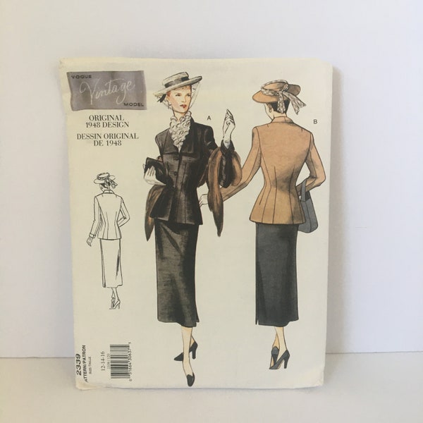 Vogue 2339 Vintage Model Re-Issue Original from 1948, Suit Jacket and Skirt Sewing pattern, size 12-16, 1940s skirt and jacket pattern