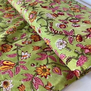 Green Floral Cotton fabric, Made in India Cotton, block print cotton fabric, By the yard fabric, Pale green fabric, BTY, floral cotton